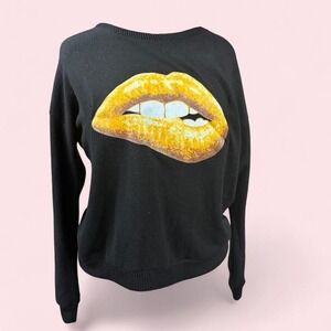 Love + Luxe Gold Lips Graphic Sweater Black Y2K Glam Rock Pullover Large
